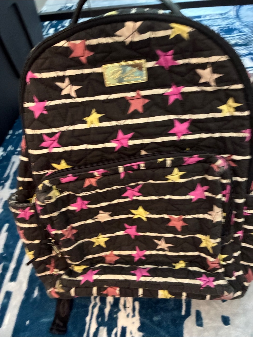 Betsey Johnson Black Quilted Backpack with Multicolor Stars